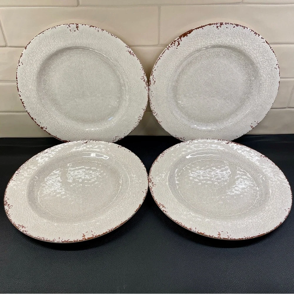 Williams Sonoma Rustic Outdoor Melamine Dinner Plates Set of 4 Ivory Crackle 11”